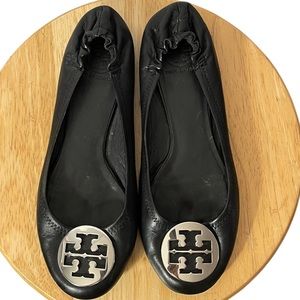 Tory Burch Black Leather Minnie Travel Ballet Flats Size 9.5